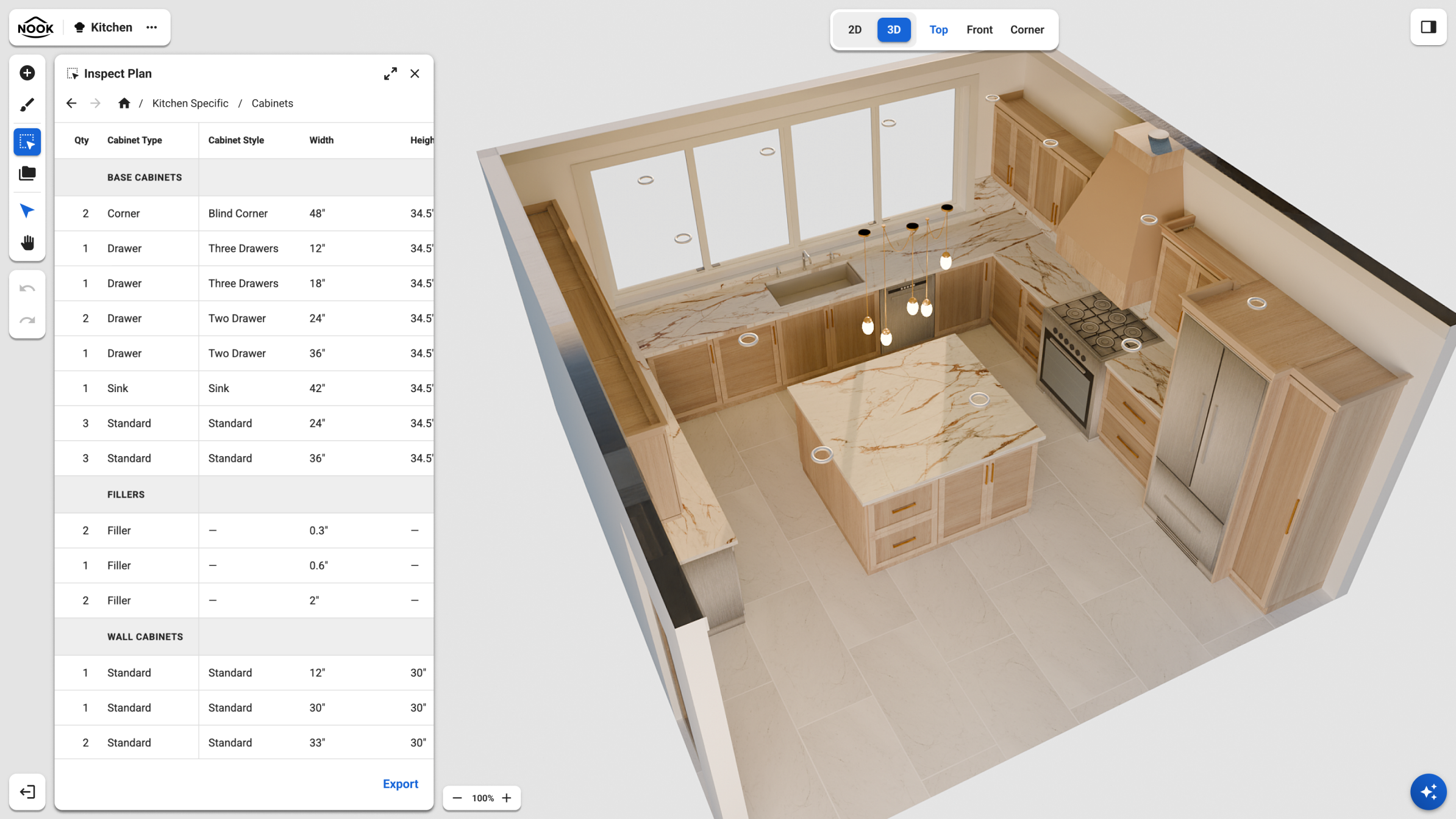 The Nook planner with the Inspect Plan panel open, showing an itemized, exportable schedule of cabinets with quantities, dimensions, and styles, beside the 3D kitchen it was generated from.