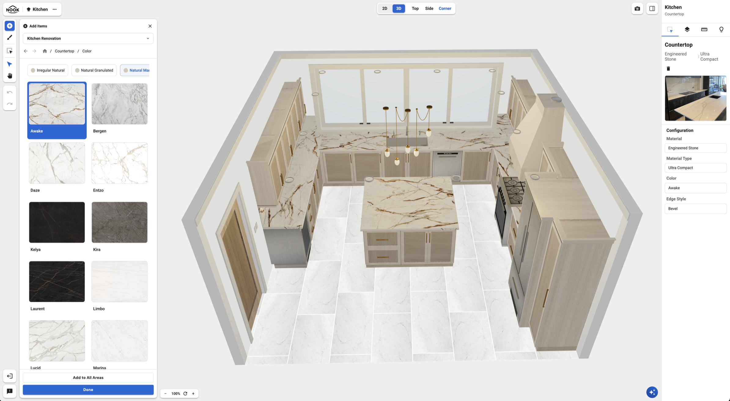 The Nook planner in 3D view with the Add Items panel open on countertop colors, a marble finish is applied and the kitchen updates live.